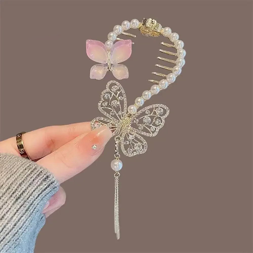 Chinese Style Flower Tassel Hair Bun Buckle High Ponytail Buckle Pearl Chain Pan Hair Claw Clip Fashion Lovely Alloy Headwear