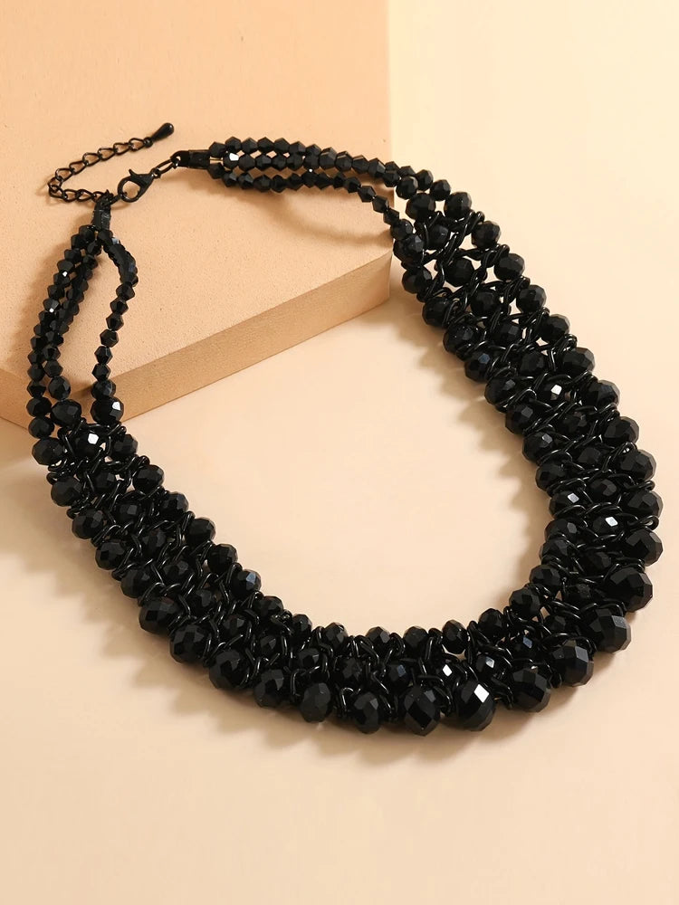 Three Rows Of Handmade Beaded Necklace Black Color Neck Jewelry Ornament