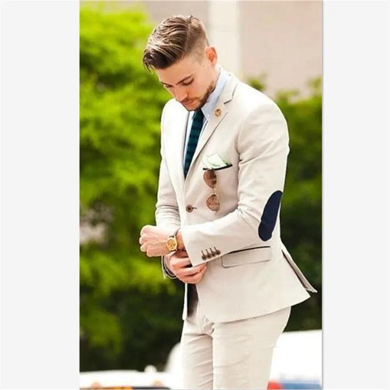 Ternos masculinos (jaqueta + calça) Últimos designs Bege Noivo Smokings Cotoveleiras 2 Peças Casamento Baile Jantar Italiano Terno Masculino Blazer - CRAVO ROSE