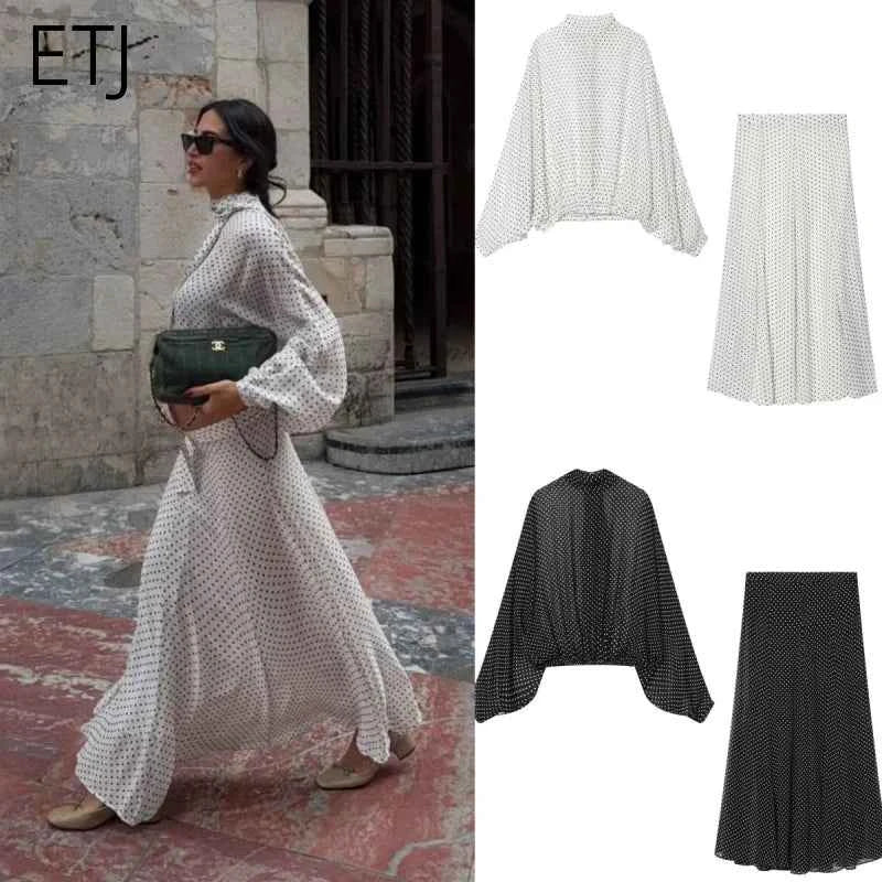ETJ Women's Polka Dot Blouse Skirt Set 2026 Spring High Neck Batwing Sleeve Sheer Front Tie Bow Midi A-Line Dress Set