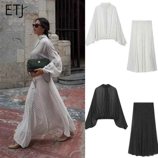 ETJ Women's Polka Dot Blouse Skirt Set 2026 Spring High Neck Batwing Sleeve Sheer Front Tie Bow Midi A-Line Dress Set