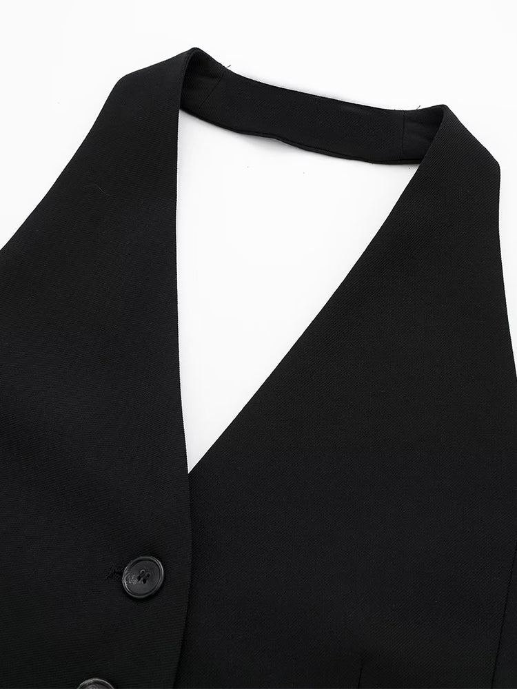Willshela Women Fashion Black Backless Lace Up Waistcoats Vintage Halter Neck Sleeveless Jackets Female Chic Lady Tank Tops