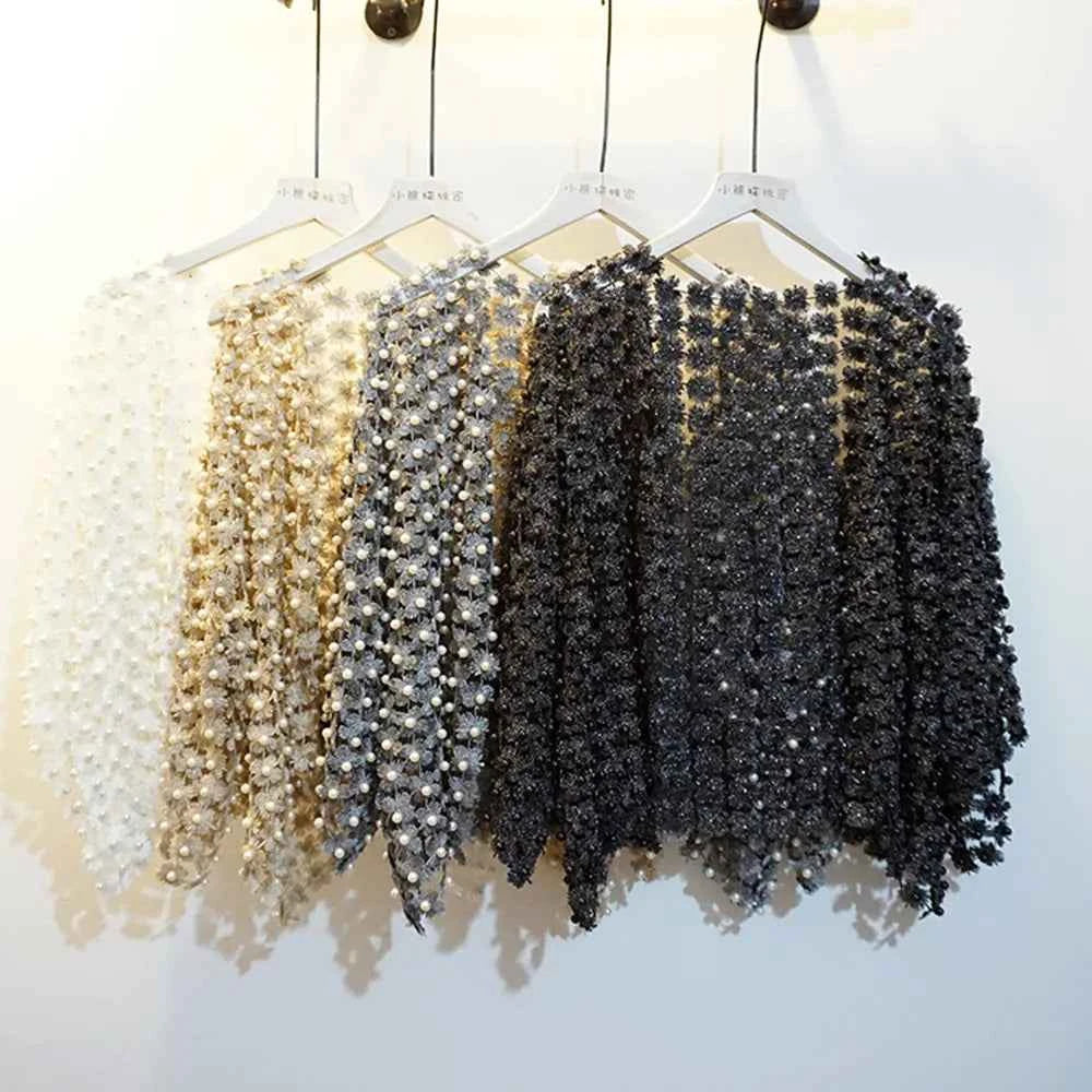 Women Beads Coat 2025 Summer Style Women Perspective Shawl Fashion Hollow Out Lace Boleros Short Sleeve Coats Jackets Femal