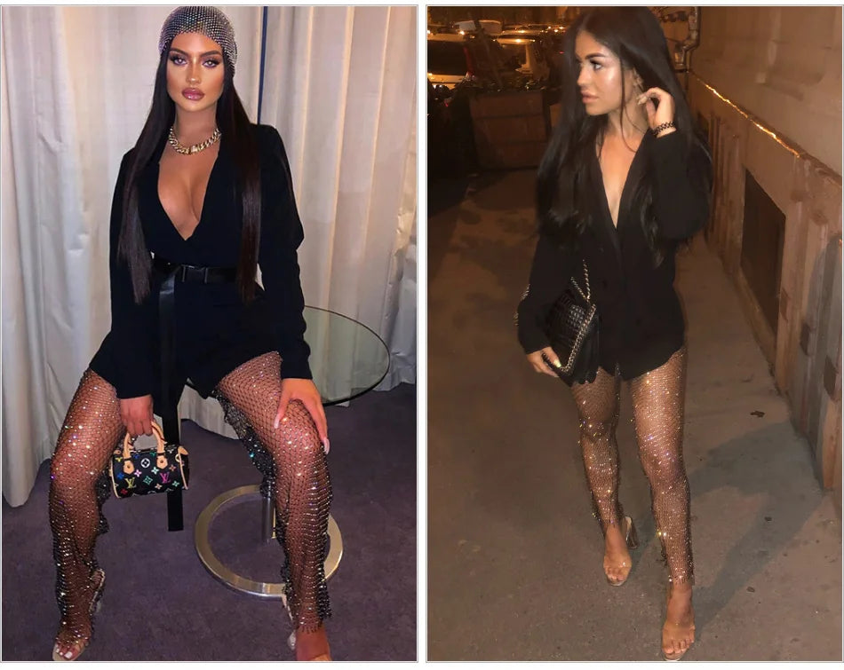 Sparkle Diamante Fishnet Wide Leg Trousers Crystal Mesh Flare Pants High Waisted Rhinestone Split Hem Leggings