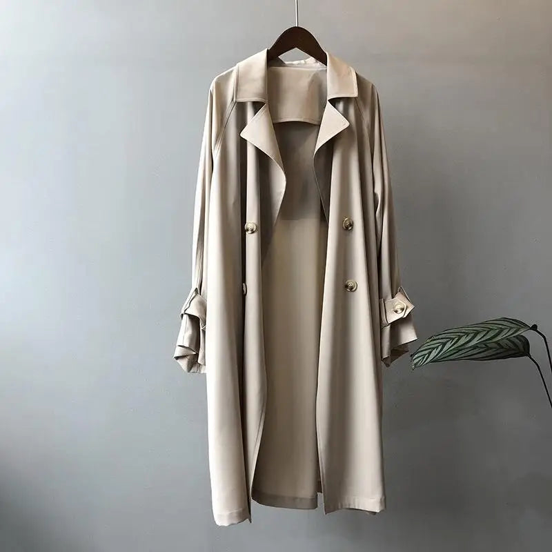 New Fashion Women's Long Trench Coat Spring Autumn Temperament Thin Windbreaker Coat Female Casual Parker Overcoat Apricot Black