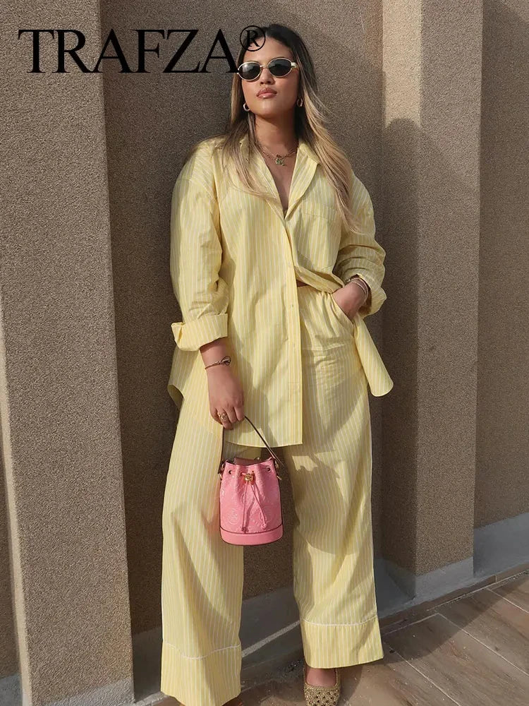 TRAFZA Blusa Listrada Amarela Feminina Calça Terno Camisa Solta Manga Longa Calças com Cordão