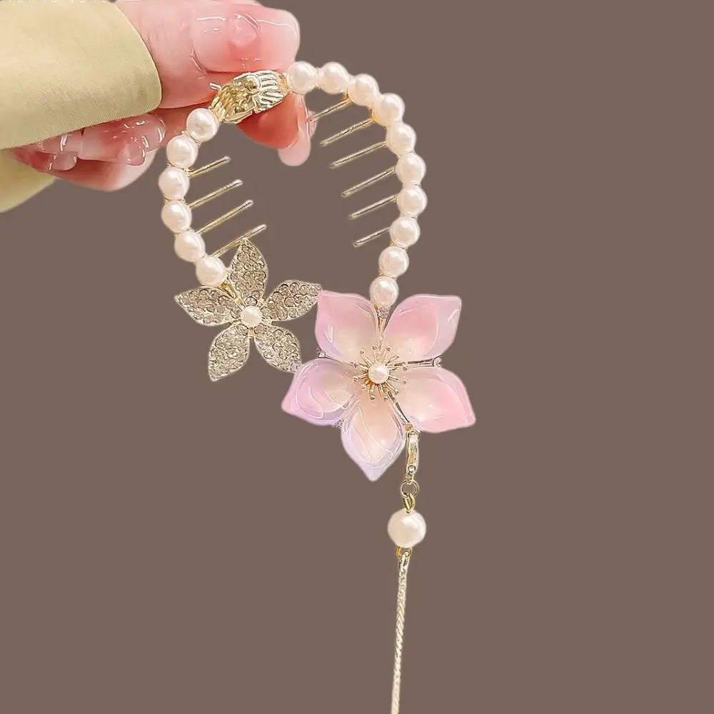 Chinese Style Flower Tassel Hair Bun Buckle High Ponytail Buckle Pearl Chain Pan Hair Claw Clip Fashion Lovely Alloy Headwear