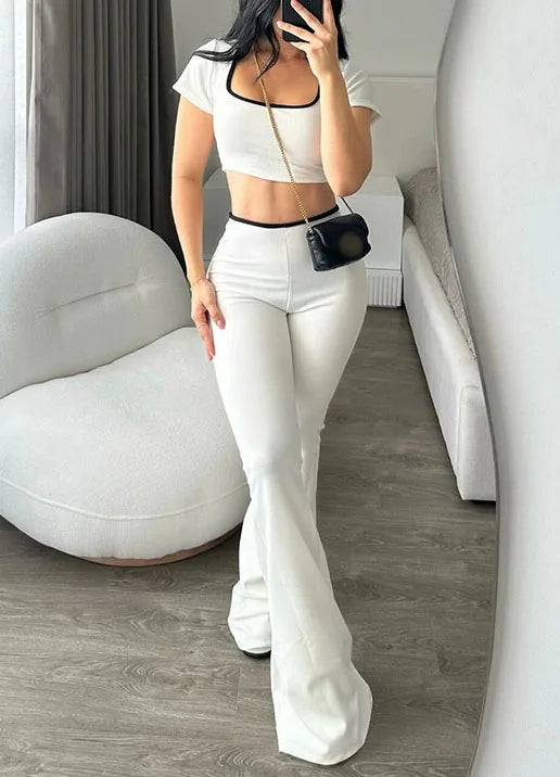 Women's Sexy Slim Set Fashion Short Sleeve Square Collar T Shirt Tops+High Waist Long Pants 2 Piece Sets For Female Streetwear