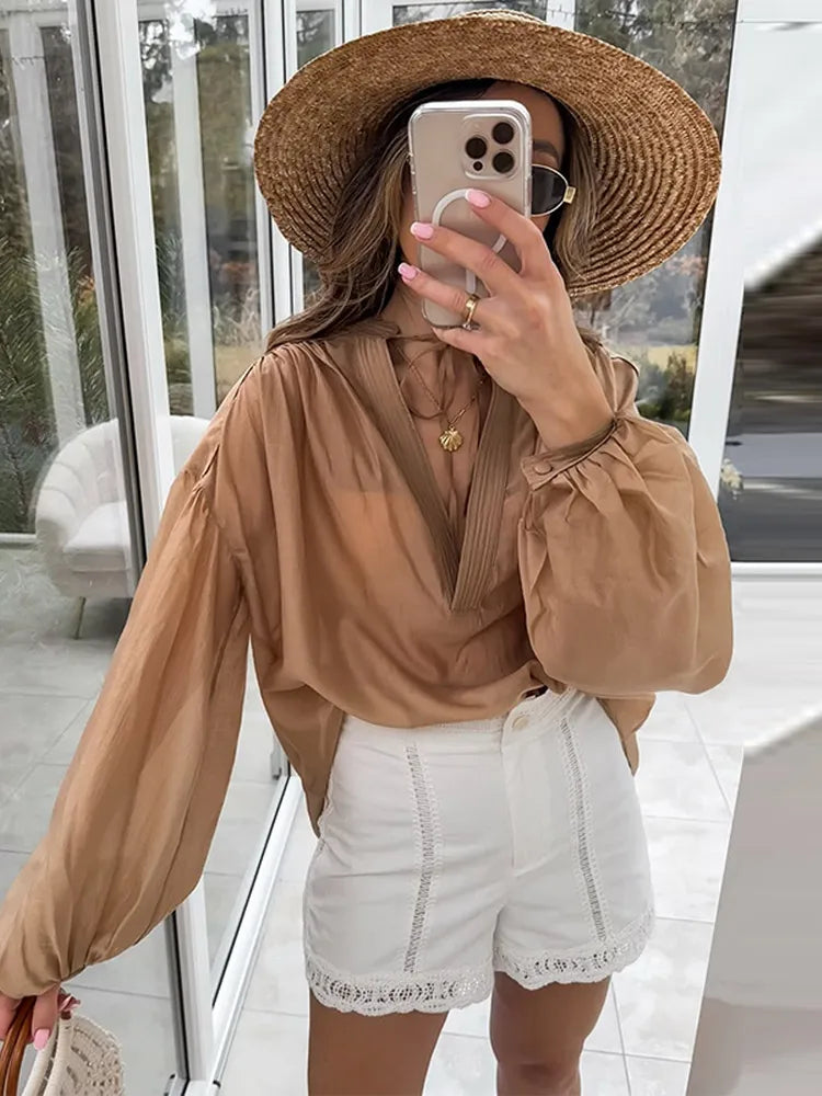 Camisa feminina elegante e solta, com cadarço, gola redonda, manga lanterna, camiseta feminina, primavera/verão 2025, moda urbana, tops femininos emendados