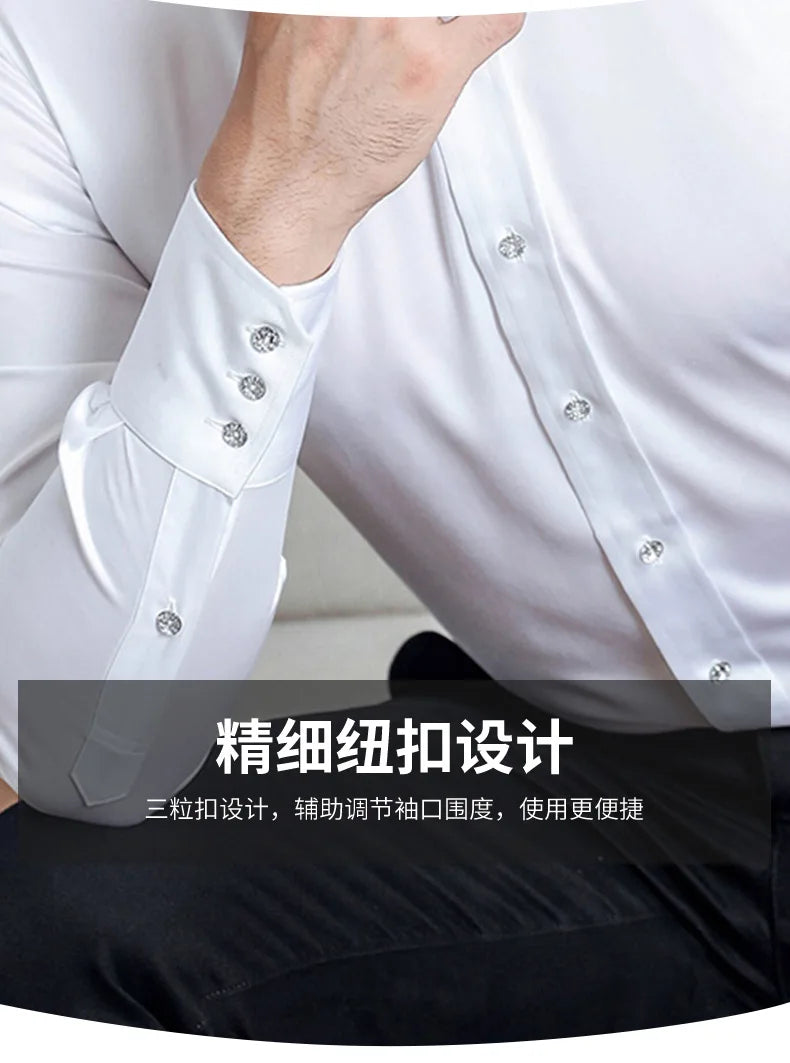 Men's Stretchy Long Sleeve Shirt Crystal Buttons Business Casual Slim Fit Dress Shirts for Men Trendy Traf Homme TS-928