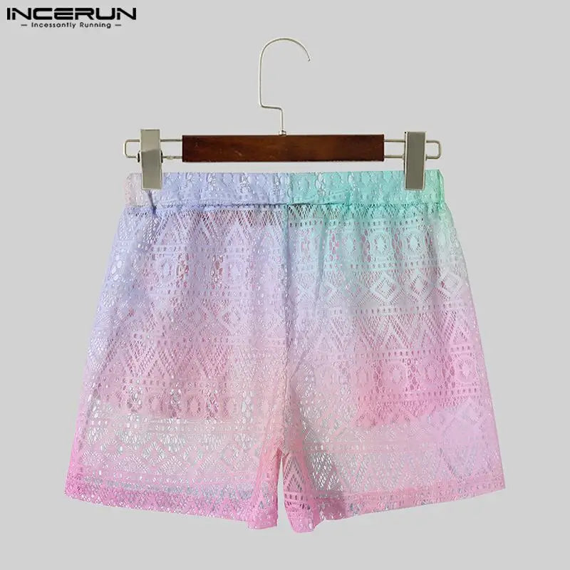 Conjuntos masculinos  de renda transparente com tie-dye, lapela degradê, camisa de manga curta e shorts, 2 peças,  urbana, ternos