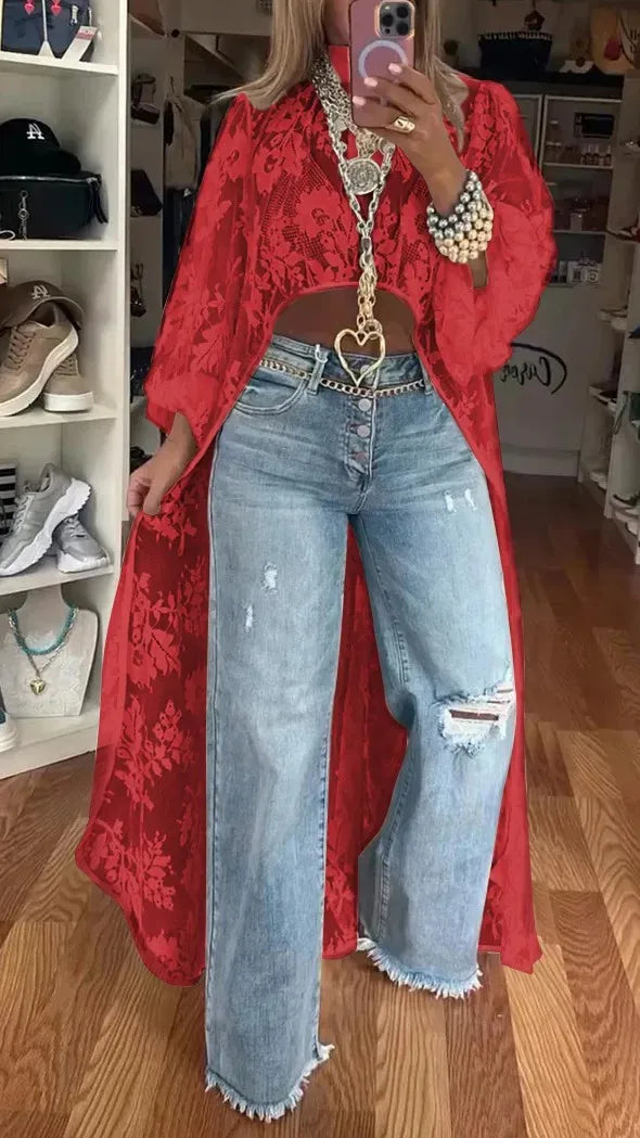 Blusa feminina nova moda 2025 com renda floral e gola alta, manga bufante, frente vazada, curta e longa