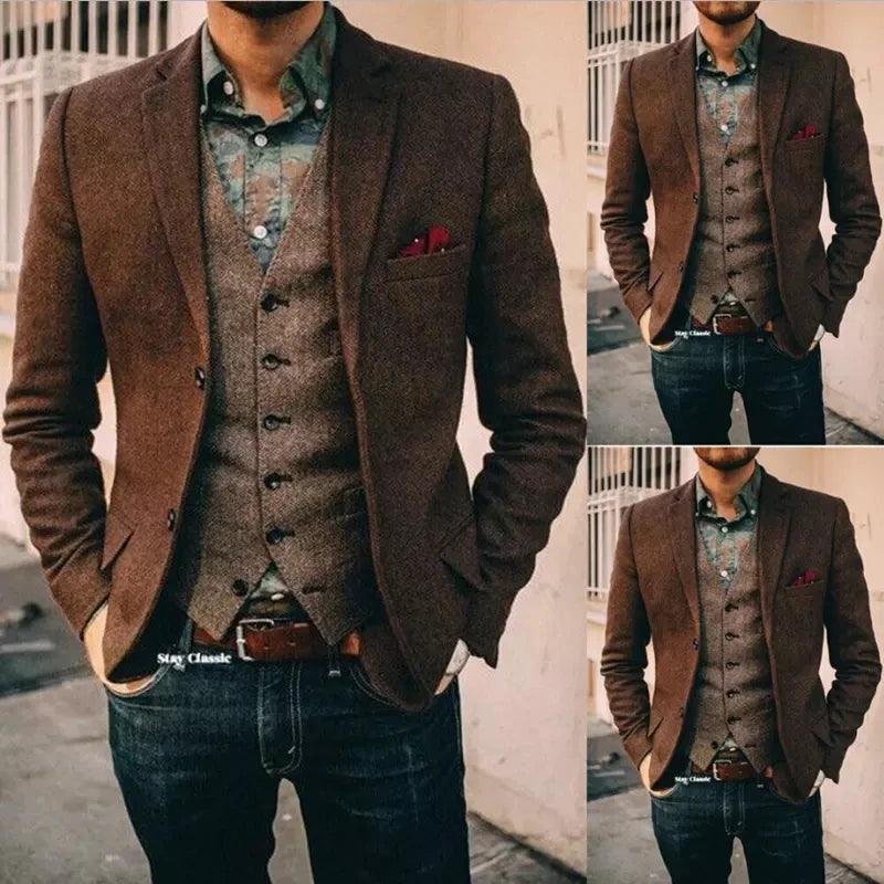 S-6XL (apenas casaco) terno masculino marrom espinha de peixe blazer baile smoking lã tweed único breasted dois botões jaqueta - CRAVO ROSE