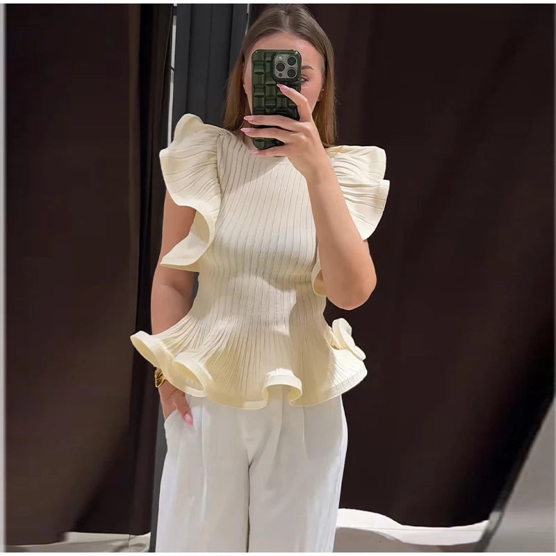 Solid Ruffle Mini Dress U Neck Long Puff Sleeve Tie Neck Tiered Hem Sweet Style Gown Soft Pastel Tones Fashion Chic Women Outfit