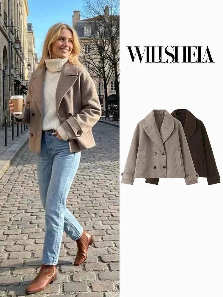 Willshela Women Fashion Solid Double Breasted Trench Jackets Vintage Lapel Neck Long Sleeves Female Chic Lady Outfits