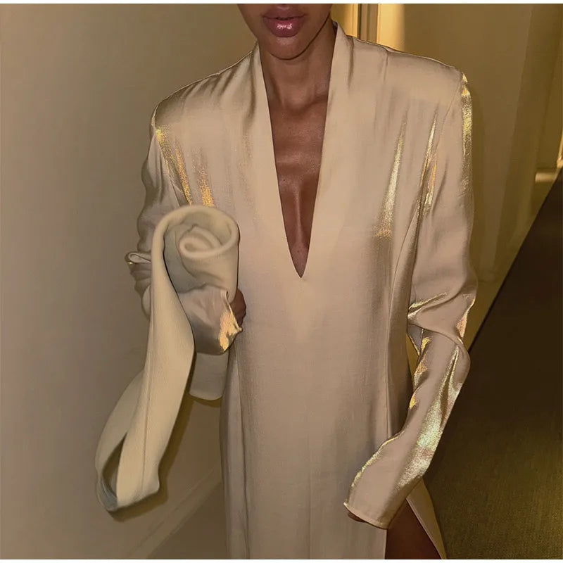 Fashion Solid Shiny Laser Color Splicing Long Dress Chic V Neck Full Sleeves Split Maxi Dresses Spring Women New Party Vestidos