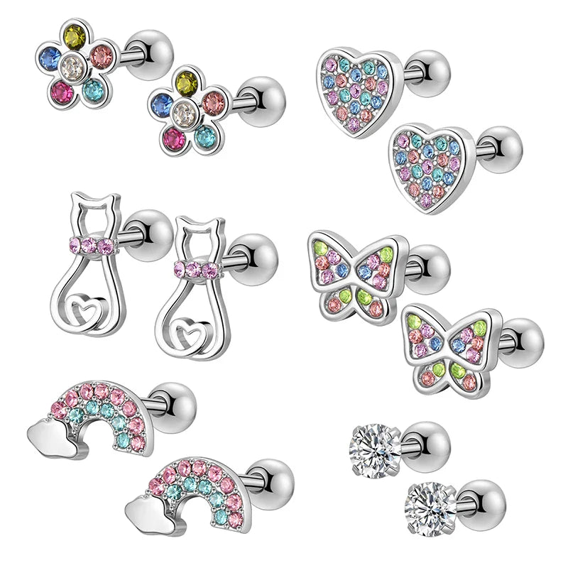 1/ 6 pares de brincos hipoalergênicos com rosca para mulheres e meninas, conjunto de brincos de aço inoxidável 316L com fecho de zircônia cúbica, 20g