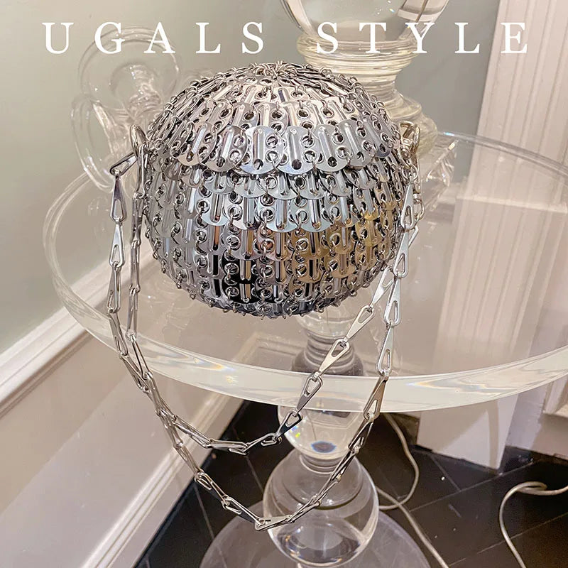 Bolsas femininas de metal lantejoulas corrente tecido saco bola forma oco sacos noite embreagem viagem férias bolsa ombro - CRAVO ROSE