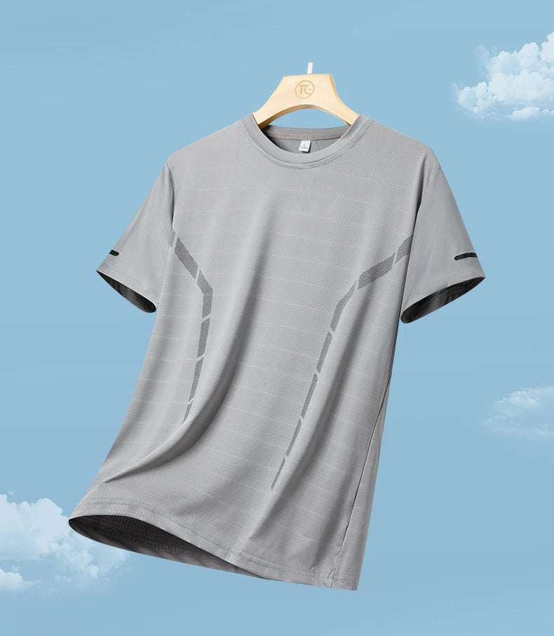 Camiseta masculina de manga curta, de seda gelada, de secagem rápida, para o verão, ideal para corrida ao ar livre, fitness e esportes.