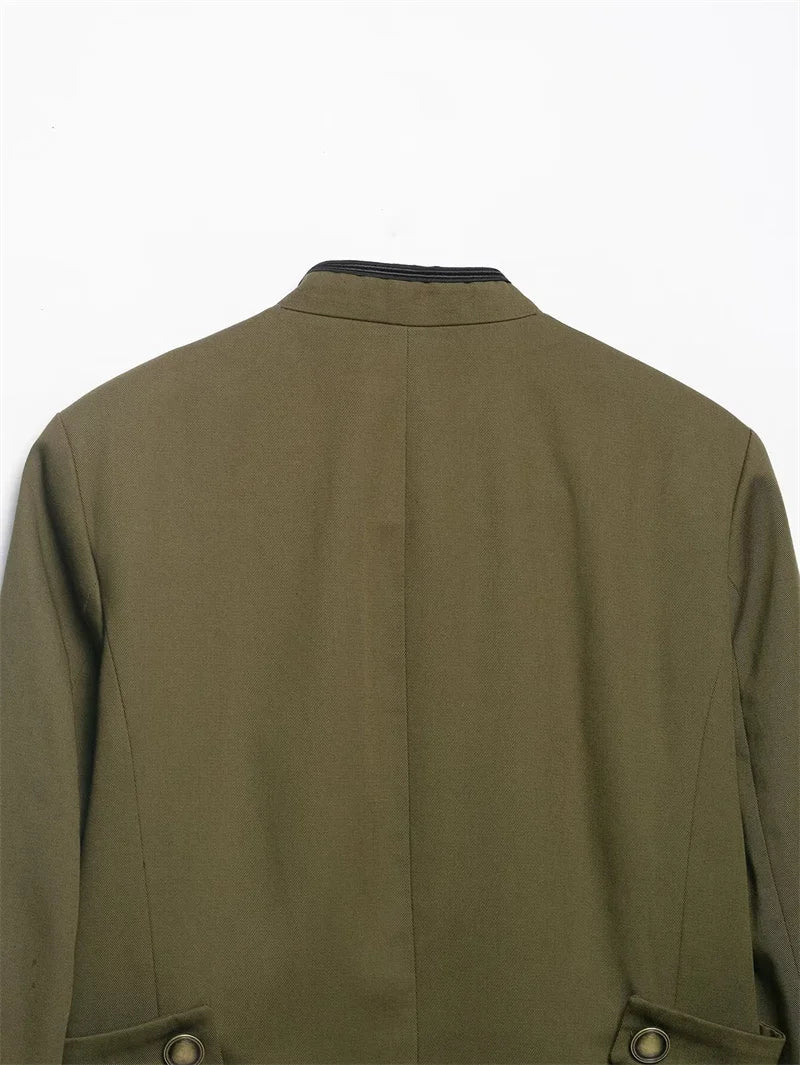 Women's Jacket 2026 Spring New Solid Color Long Sleeve Rope Knot Button Napoleon Style Slim Jacket Fashionable and Unique