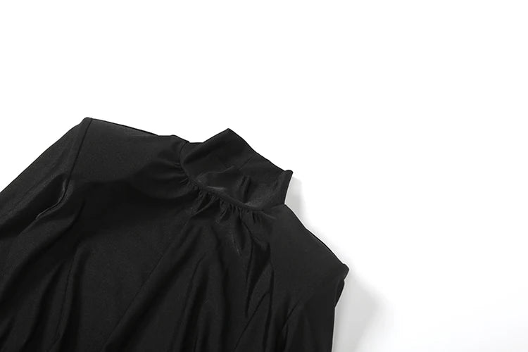 Weird Puss Elegant Shoulder Padded Dress Women Turtleneck Ruched Sexy Classic Office Commute Simple Peach Hip Slim Mini Bodycon