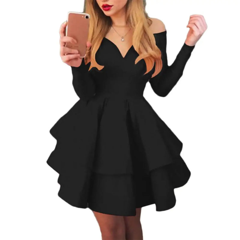 Elegant Women Long Sleeve V Neck Off Shoulder Large Swing Ruffled Hem Mini Dress
