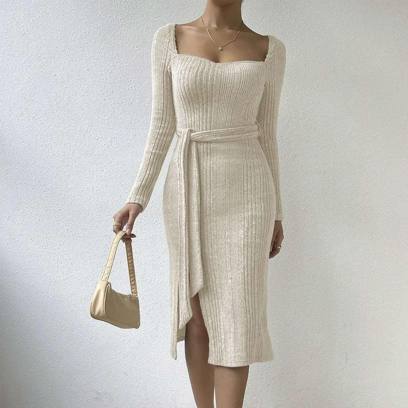 2024 New Women's Dress - Women's Autumn and Winter Loose, High end, Age Reducing, Elegant, Apricot Grey Square Neck Bottom Dress