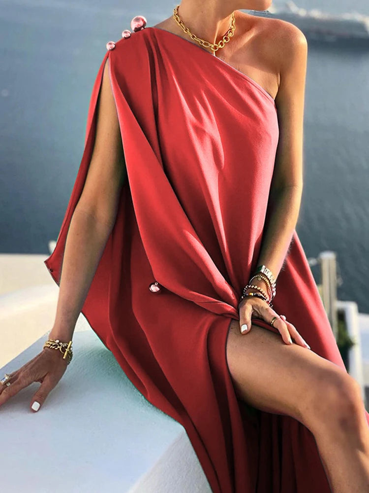 Women Sexy Off Shoulder Boho Long Dress Elegant One Shoulder Loose Party Dress 2022 Summer Fashion Button Solid Beach Maxi Dress
