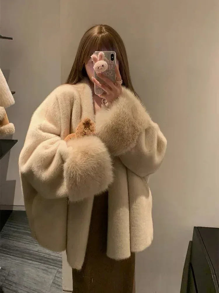 Faux Mink Fur Coat for Women Winter Thick Loose Hairy Casual Jacket Y2K Fashion Streetwear Long Sleeve Warm Fur Outerwear