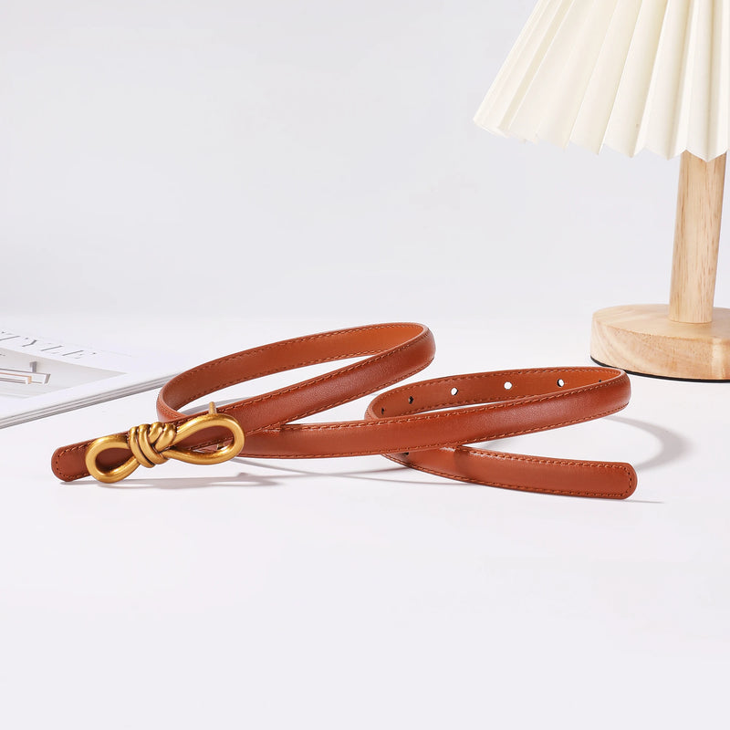 Korea Women Genuine Leather Knotted Thin Waist Belt Fashion Geometric Butterfly Gold Buckle Adjustable Corset Belt For Women