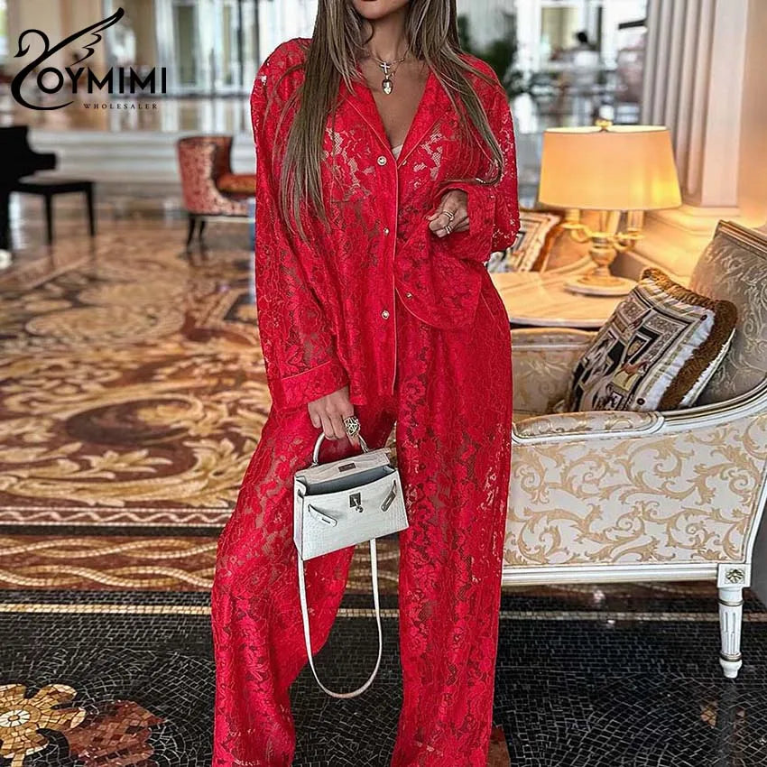 Oymimi Summer Pink Perspective Sets Womens 2 Piece Casual Long Sleeve Button Shirts And High Waist Straight Trousers Female Sets