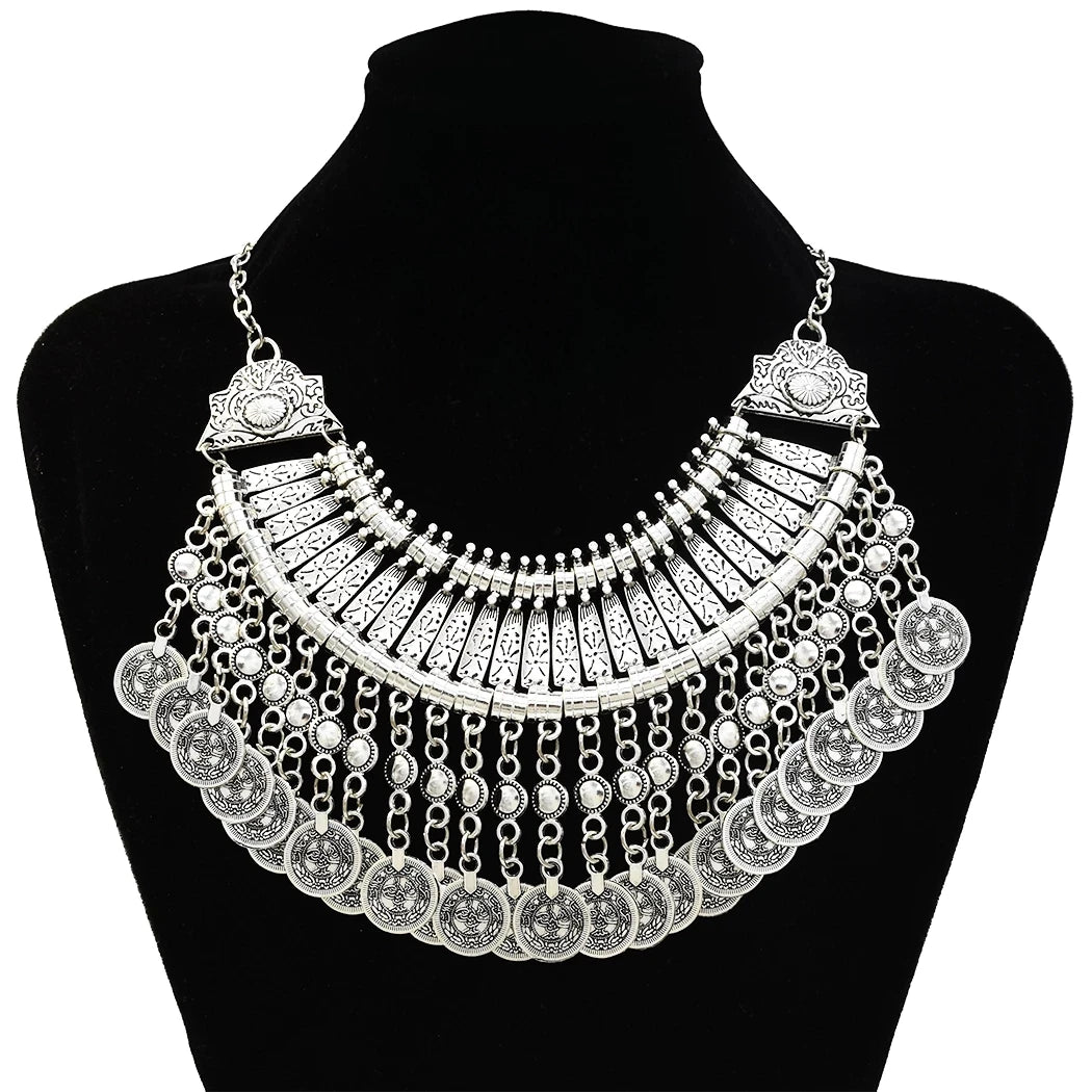 Gypsy Boehmian Hippie Collar Necklaces for Women Big Chunky Tibetan Silver Metal Necklace Festival Turkish Party Jewelry Gift