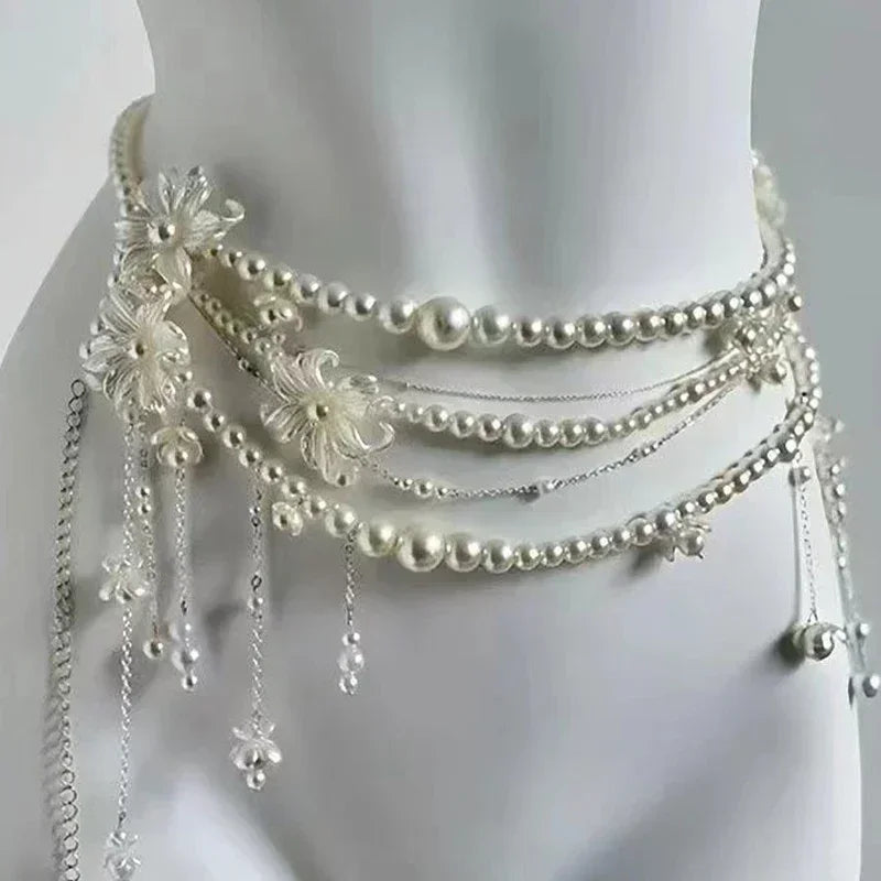 Y2K Designer belt Jewelry Multilayer Pearl waist chain for Women's Fashion Retro Character Playing Body Accessories Party Belts