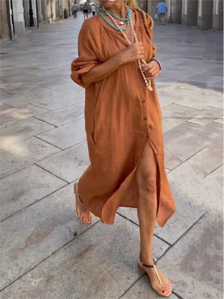 Vestido longo de algodão e linho, camisa com botões e decote em V, vestidos brancos, nova moda feminina, roupas elegantes e soltas