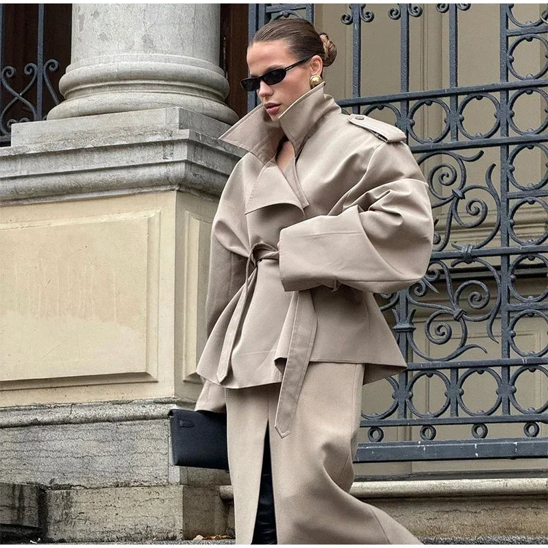Women Lapel V-neck Belt Trench Coat Fashion Lace Up Full Sleeve Button Short Thin Windbreak 2025 New Lady Daily Street Outerwear