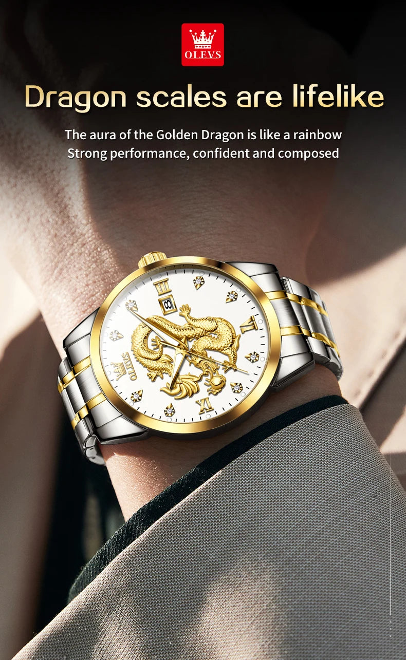 OLEVS Men's Watches Top Brand Fashion Original Quartz Watch for Man China Loong Dragon Dial Waterproof Luminous Date Olevs 3619