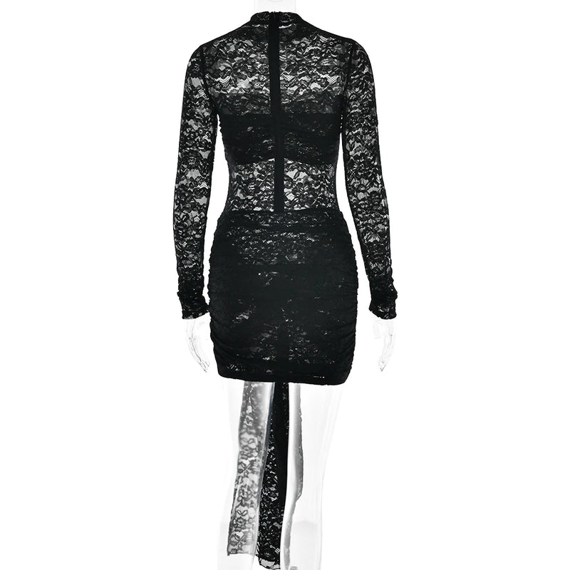 Fantoye Sexy See Through Lace Bandage Women Dress Black Long Sleeve Print Floral Dress Female Winter Slim Elegant Party Dresses