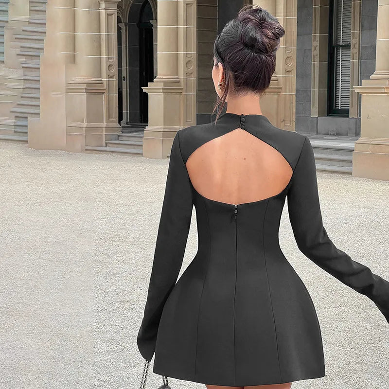 BKQU Elegant Solid Backless Mini Dress Women High Waist Fashion Long Sleeve Slim A-line Dresses 2024 Autumn Party Evening Dress