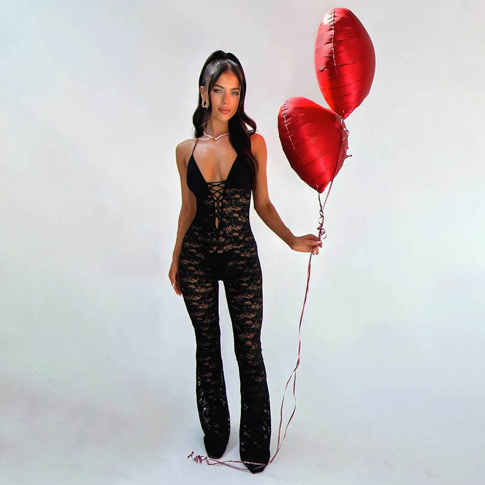 Women's New Sexy Fashion Hollow-Out Lace See-Through Backless Halter Slim Jumpsuit