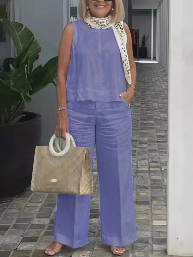 Terno feminino simples de algodão e linho, moda verão, blusa solta sem mangas, calças de perna larga, conjunto de duas peças para mulheres, roupas casuais