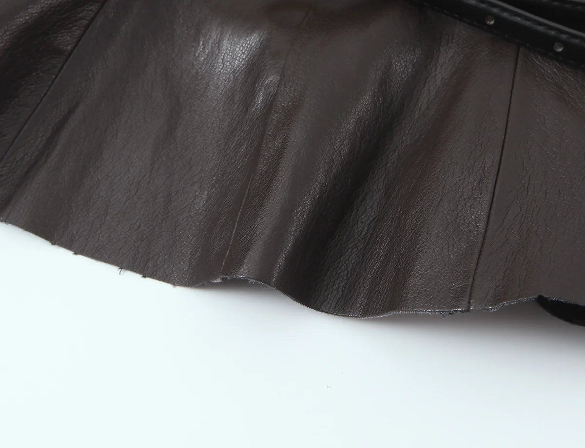 NLZGMSJ Vintage Faux Leather Casual Women Solid Suit O-Neck Zipper Belt Vest Zipper Long Straight Skirt Fashion 2026 Spring Sets