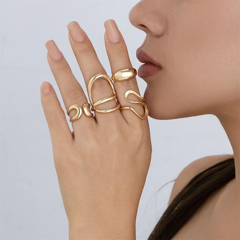 Ingemark 4Pcs Vintage Irregular C Shape Open Ring Set Women Creative Geometric Finger Knuckle Ring Couple Jewelry Accessories