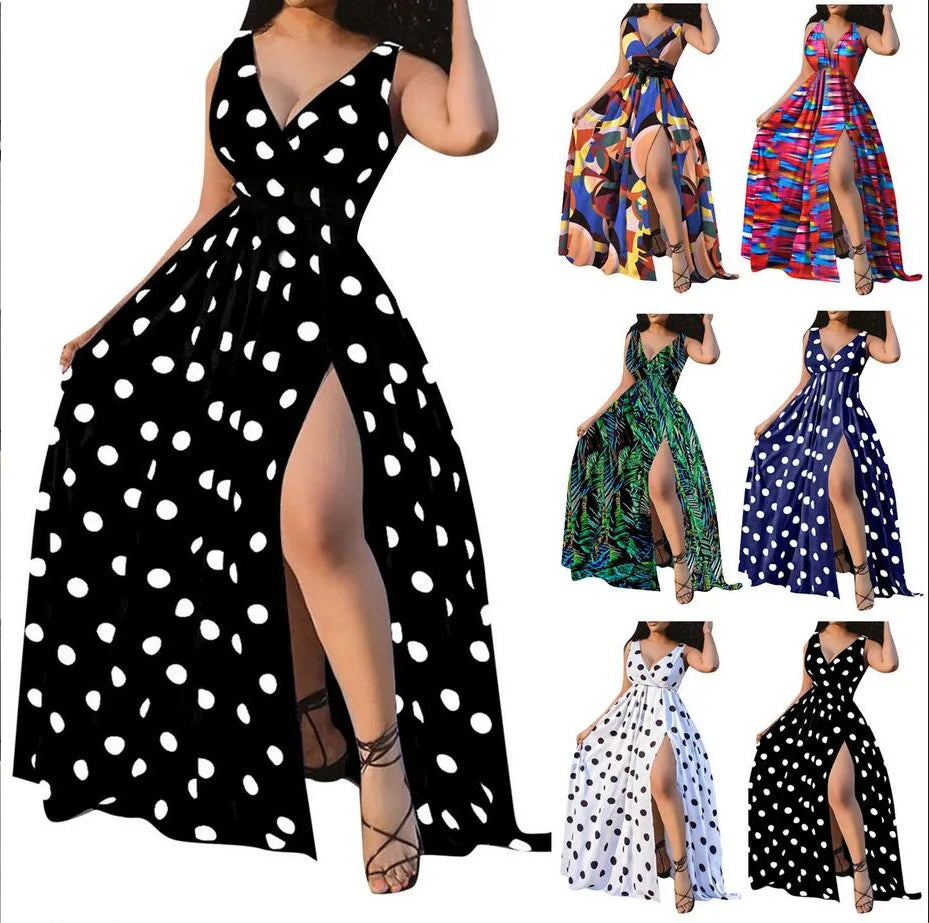 Sexy Deep V Neck Polka Dot Long Dress For Women Summer Boho Sleeveless Slim Print Side Slit Party Maxi Dresses Robe Femme