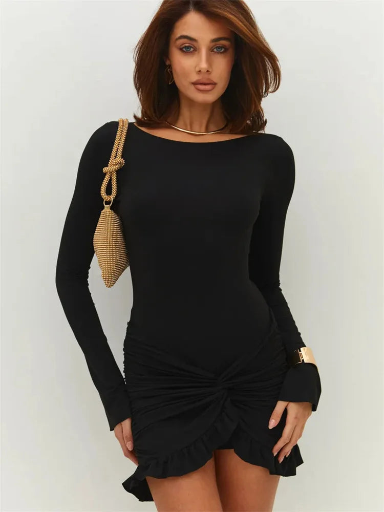 Tossy Ruffled Twist Skinny MIni Dress Women's Long Sleeve Patchwork High Waist Sexy Fashion Party Dress Female Y2k Bodycon Dress