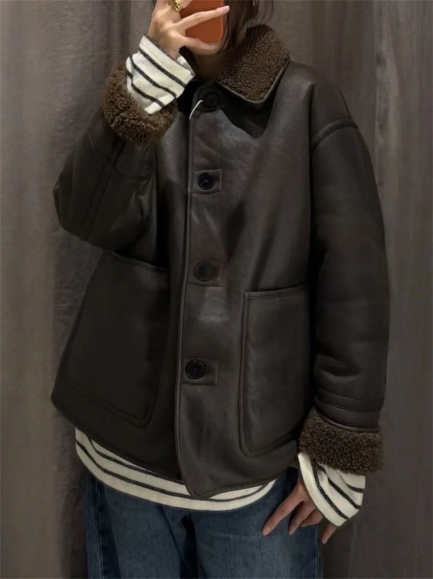 Double-Sided Wear Lamb Fur Jacket Women's Autumn Winter Loose Warm Outerwear Fake Leather Coat Standard Style Long Sleeve