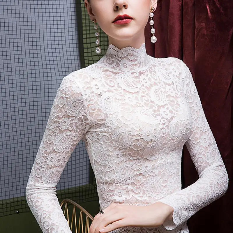 High Collar Lace Long Sleeve Women's Base Shirt Slim Fit Inner Wear Stand Collar Top Trendy Black T-Shirt Commute Style Korea...