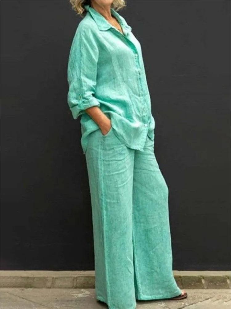 Solid Color Cotton Linen Shirt 2 Piece Set For Women Spring Autumn Long Sleeve Blouse Wide Leg Pants Suits Female Casual Outfits - CRAVO ROSE