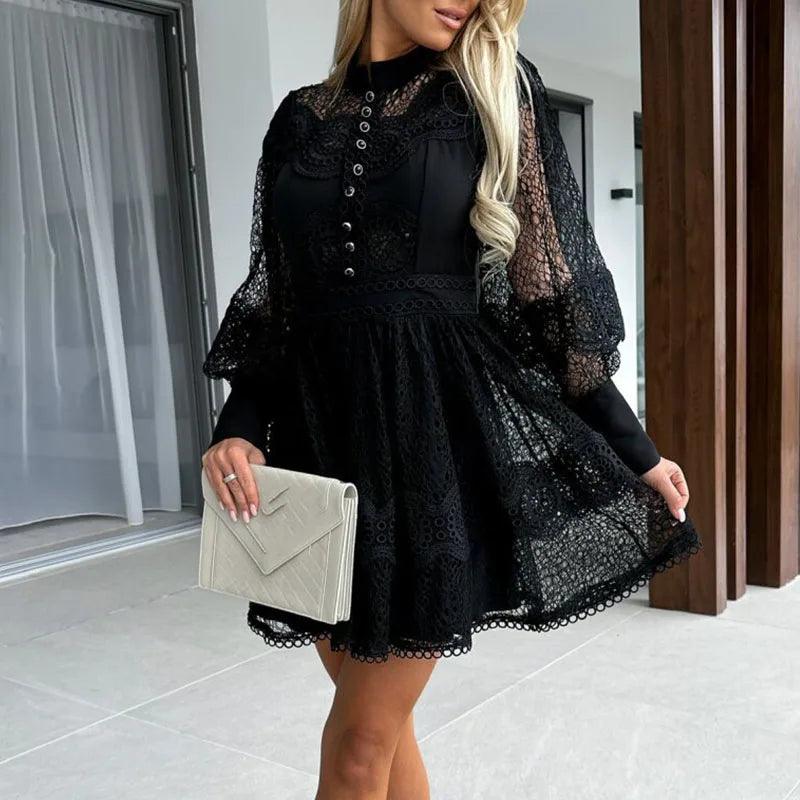 Women 2023 Elegant Solid Embroidered Lace Party Dress Summer Fashion Long Sleeve A-Line Dress Ladies Casual O-Neck Button Dress - CRAVO ROSE