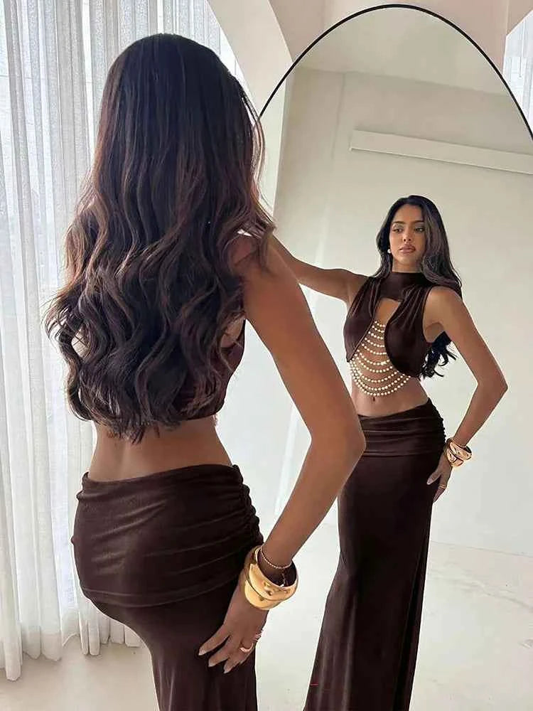 Kliou Elegant Chic 2 Piece Set Woman Turtleneck Beads Chain Decoration Irregular Crop Tops+Ruched Elastic Waist Long Skirt Suits
