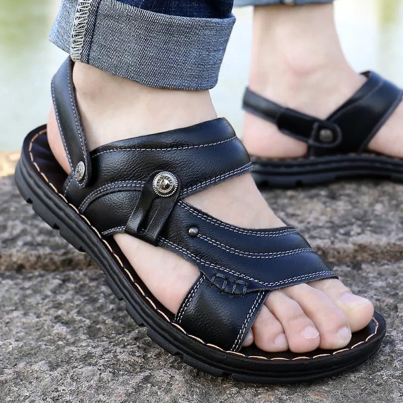 Men's Summer Genuine Leather Sandals Slippers Men Slippers Adult Thick-soled Beach Shoes Non-slip Leather Sandal Zapatos Hombre - CRAVO ROSE